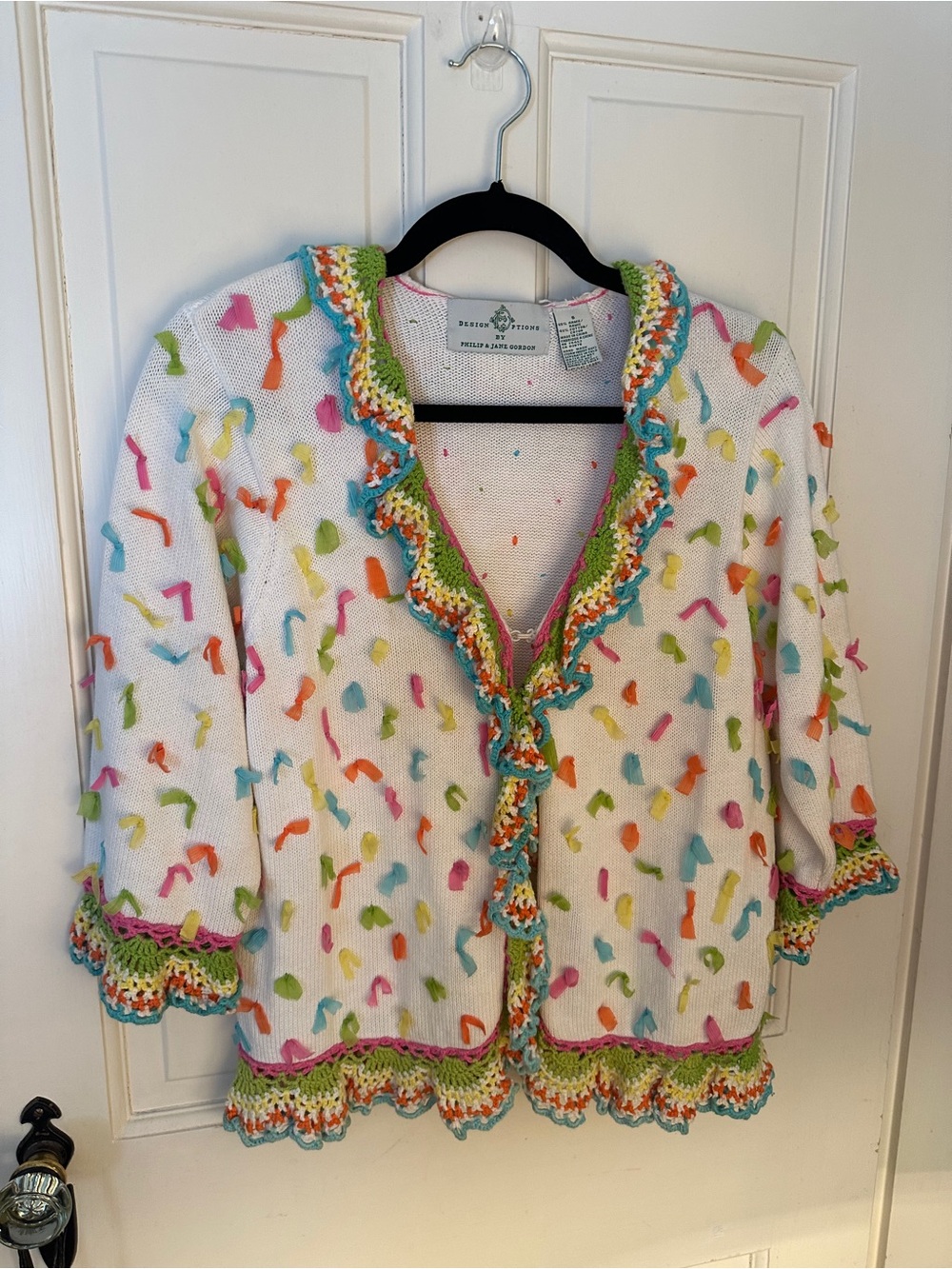 DESIGN OPTION White Open Cardi with Bright Pastel Ribbons & Crochet Trim EUC S